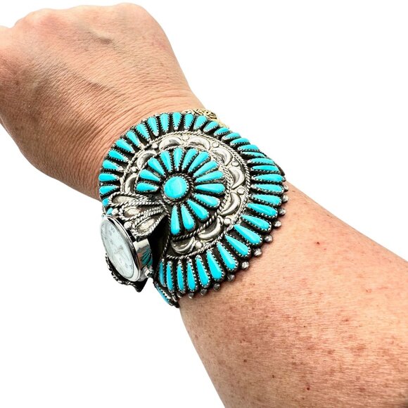 Vintage Native American Zuni Petit Turquoise Bracelet Sterling Silver Cuff 95 G - Picture 7 of 9